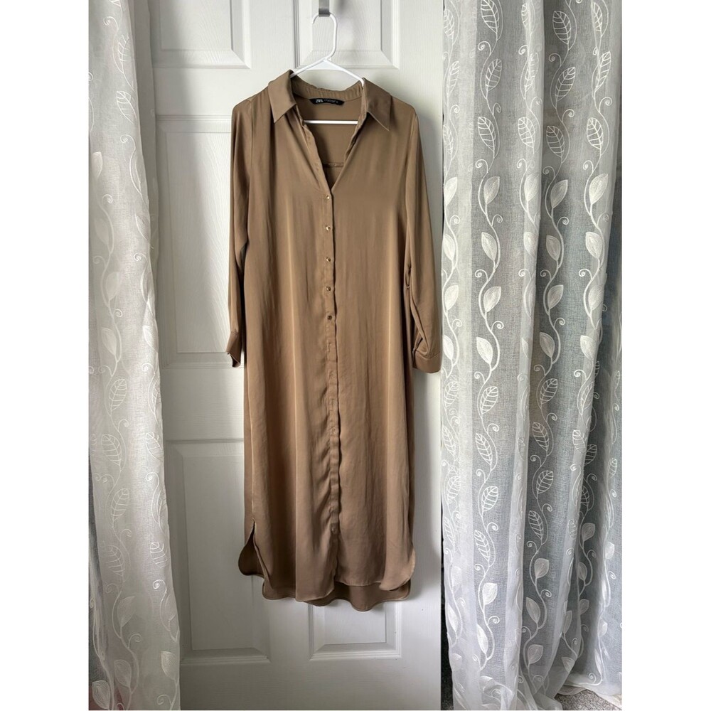 Zara Classic Long Sleeve button down satin Shirt Midi Dress missing belt size XS